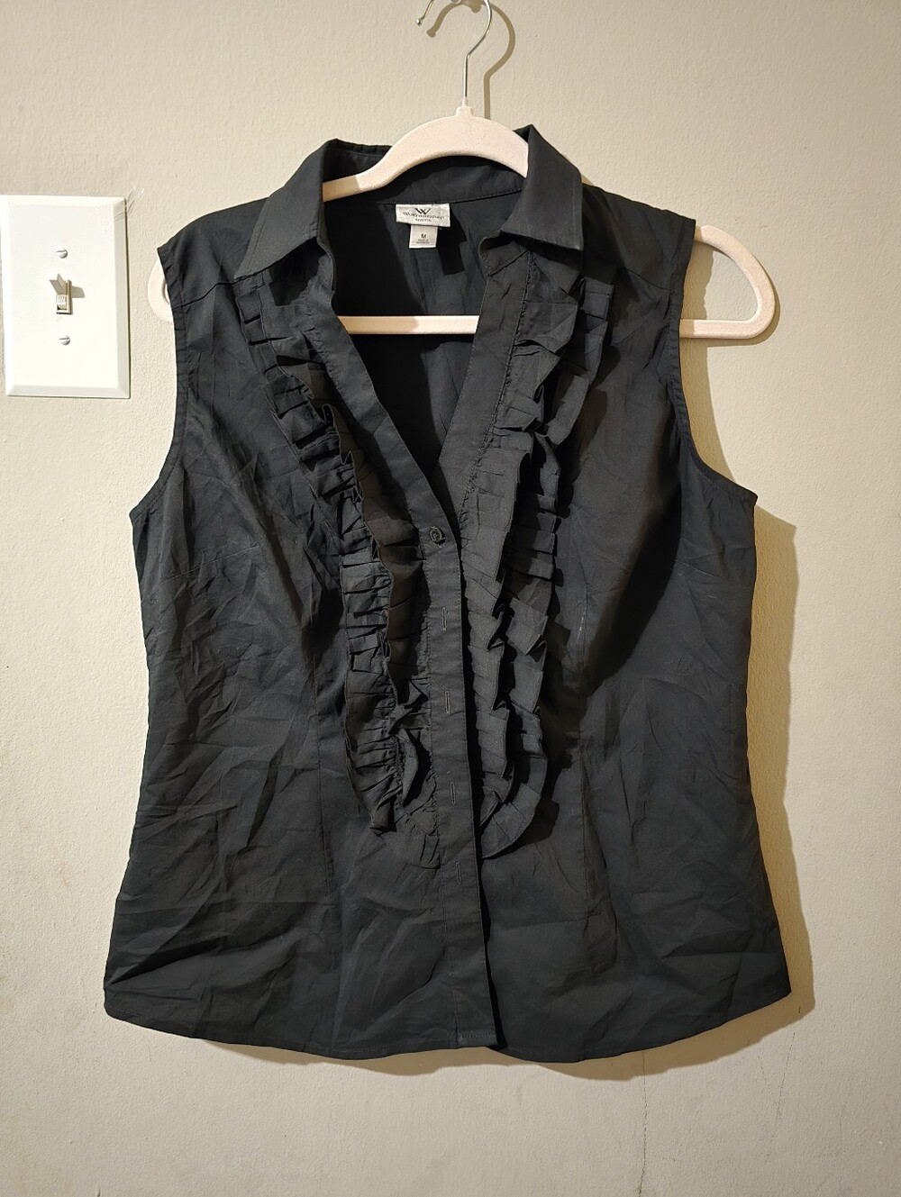 White House Black Market Black Sleeveless Ruffle-Front Blouse